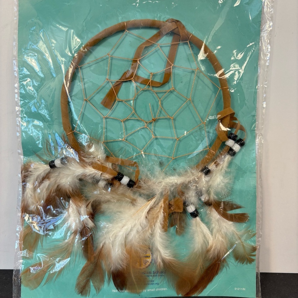NIP Brown White Feather Black Bead Dreamcatcher Lakota Sioux Tribal